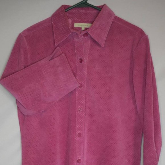 Sorbe Magenta Suede Mesh Button Up Top Size L - Picture 4 of 4